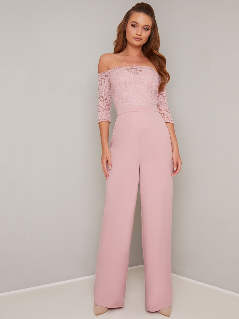 Fitted Bardot Lace Jumpsuit in Pink – Chi Chi London