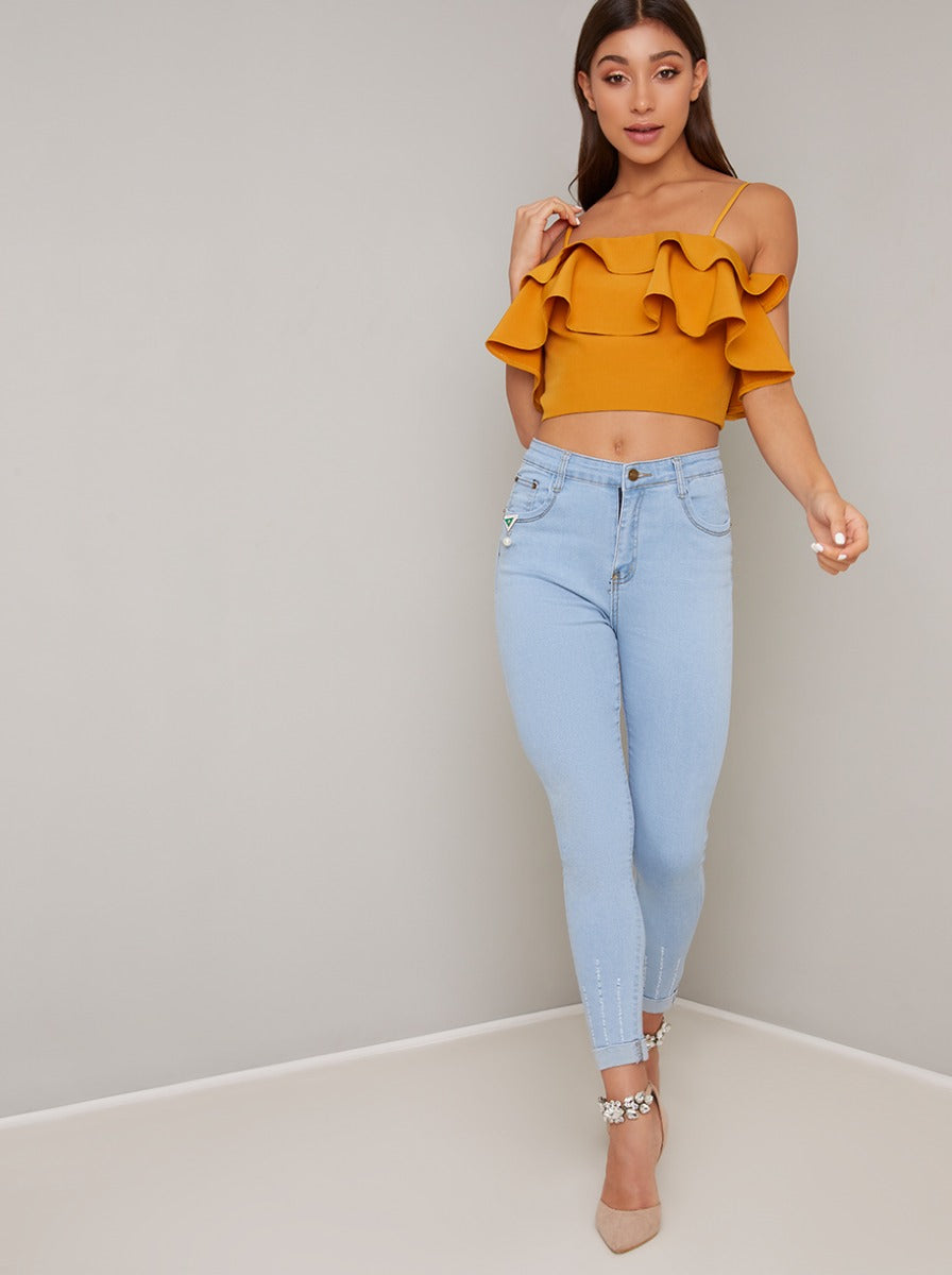 Cami Strap Ruffle Crop Top In Yellow Chi Chi London 7735