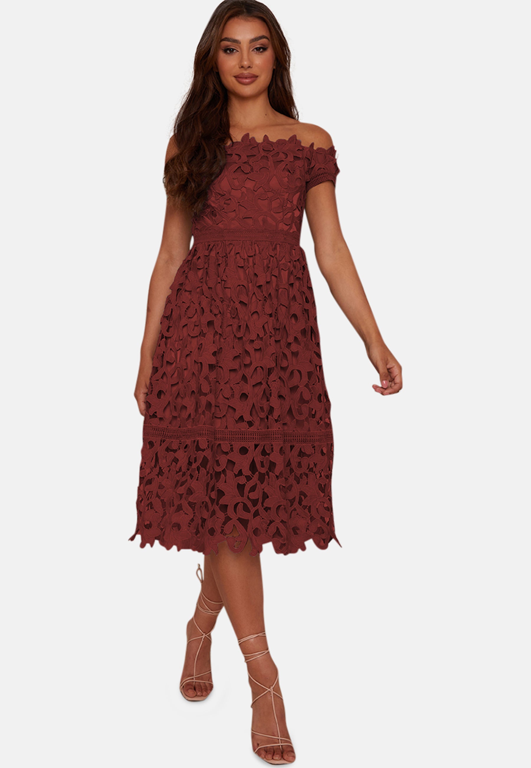 Chi Chi Bardot lace midi dress in burgundy, Size 14