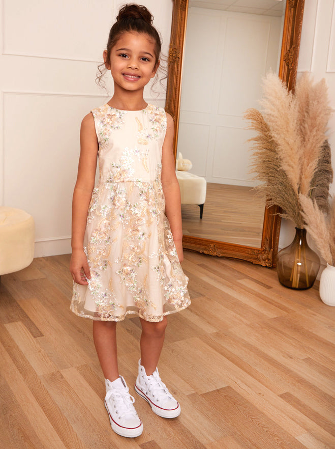Chi Chi Younger Floral Embroidered Dress in Cream, Size 3 Years