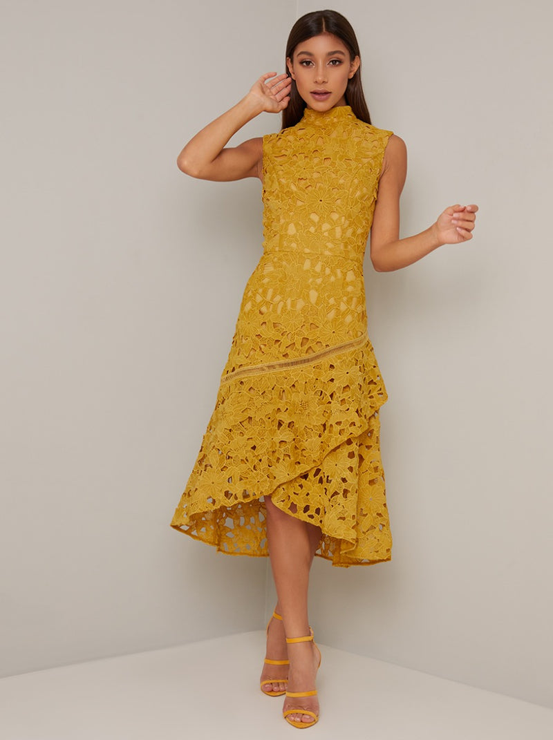Tall High Neck Lace Crochet Midi Dress in Yellow – Chi Chi London