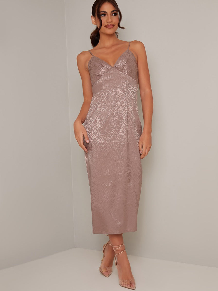 Chi Chi Printed Cami Strap Slip Midi Dress in Taupe, Size 10