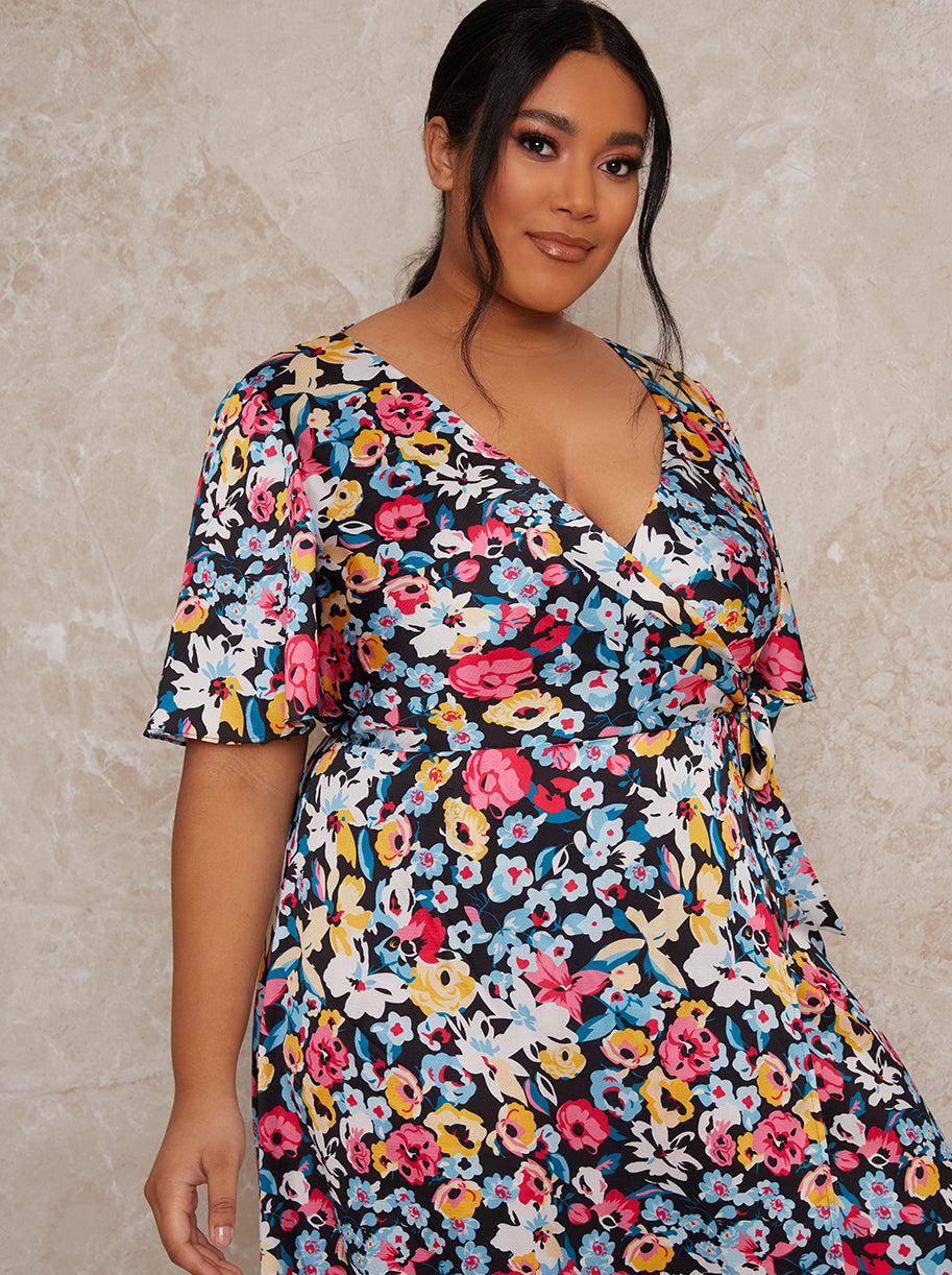 Plus Size Floral Print Midi Wrap Dress in Black – Chi Chi London