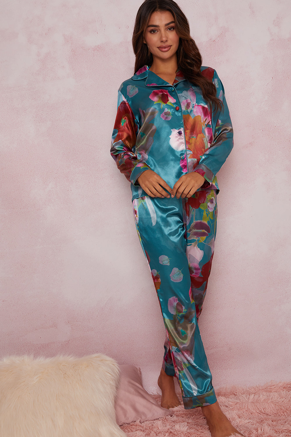 Chi Chi Floral Printed Pyjama Set in Green, Size 16