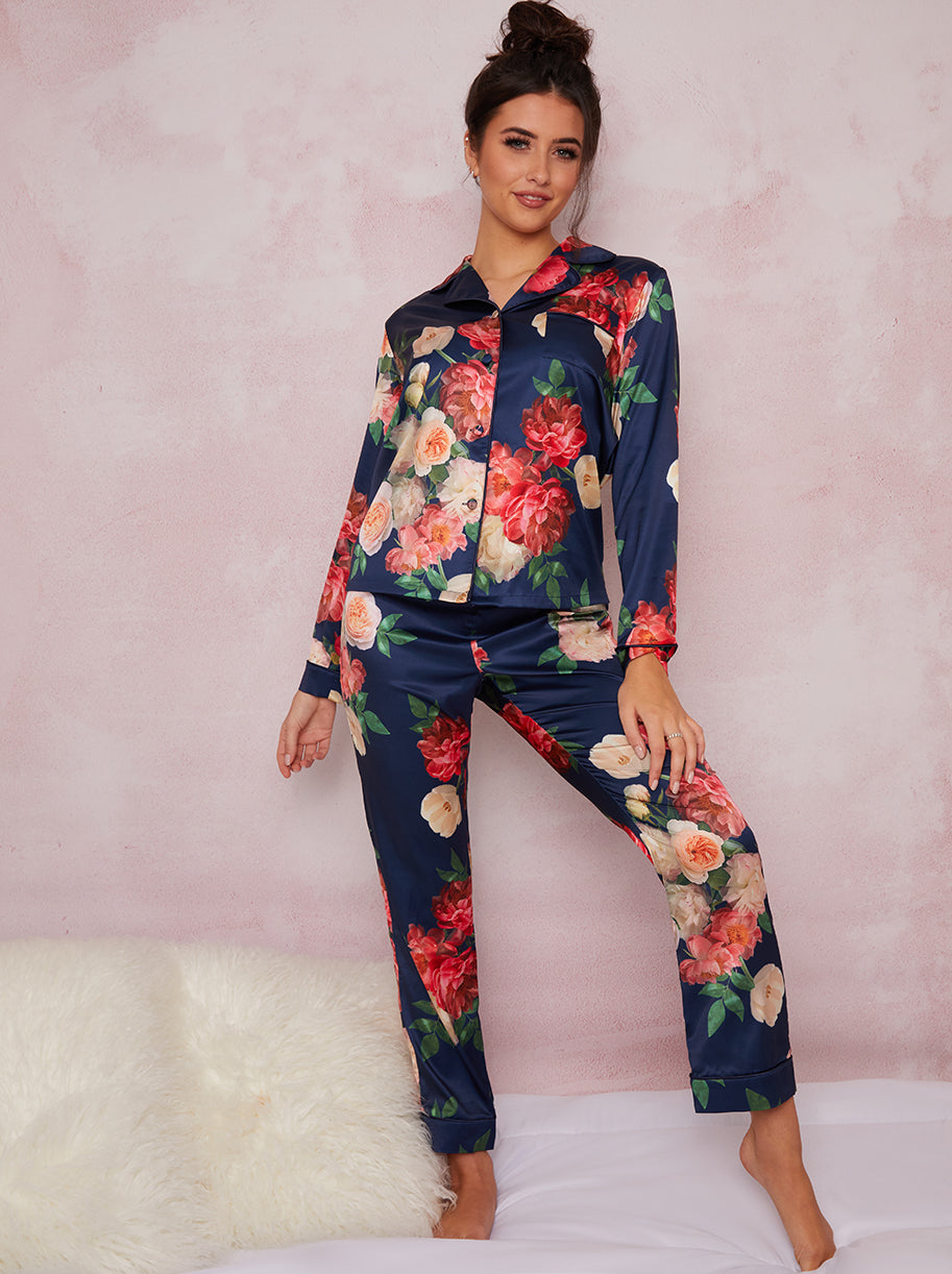 Chi Chi Floral Silky Pyjama Set in Blue in Navy, Size 14