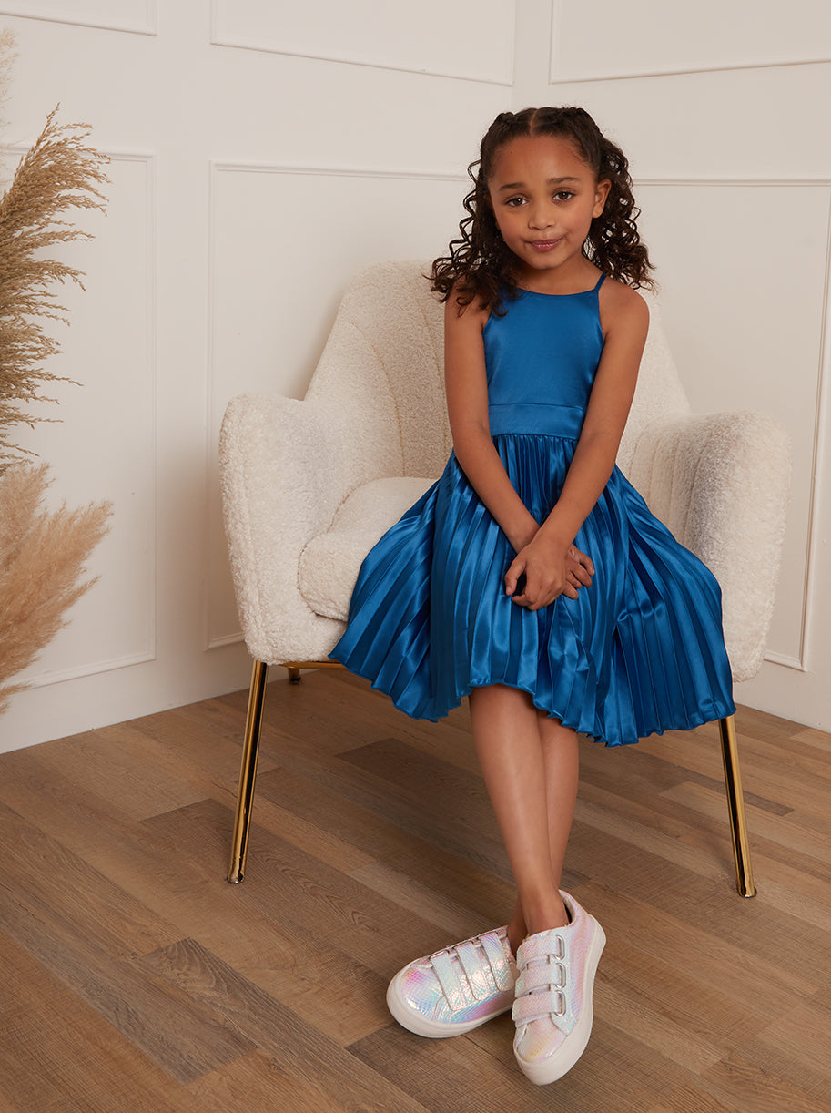Chi Chi Younger Pleated Satin Dress in Blue, Size 3 Years