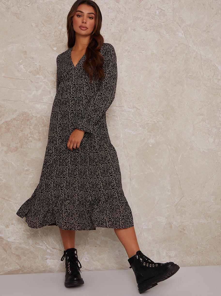 Chi Chi Long Sleeve V Neck Animal Print Midi Dress in Black, Size 6