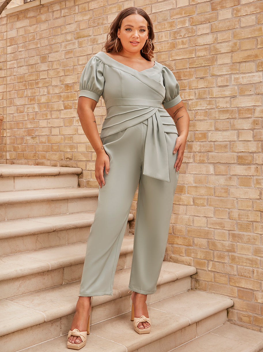Chi Chi Plus Size Puff Sleeve Bardot Jumpsuit in Green, Size 24