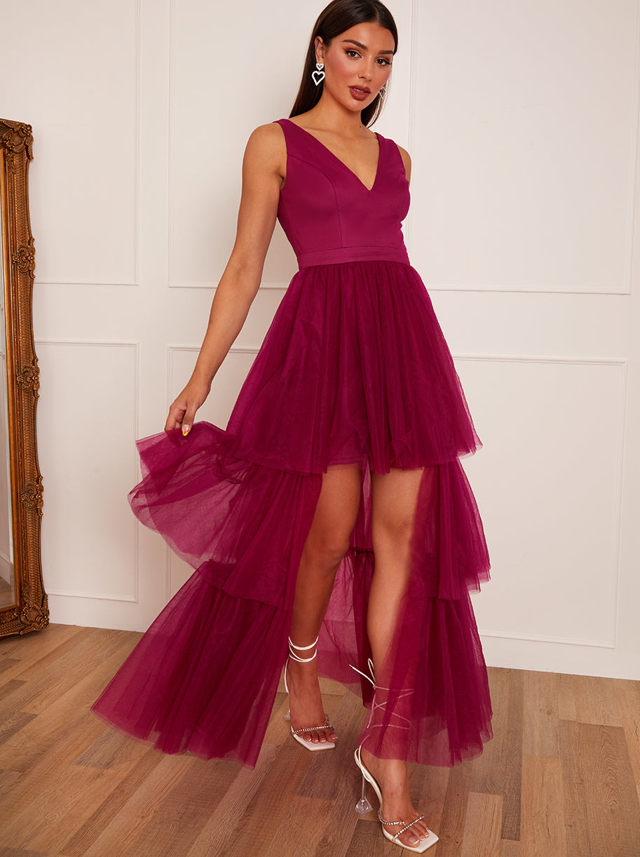 Chi Chi V Neck Tiered Tulle Dip Hem Dress in Berry in Purple, Size 14