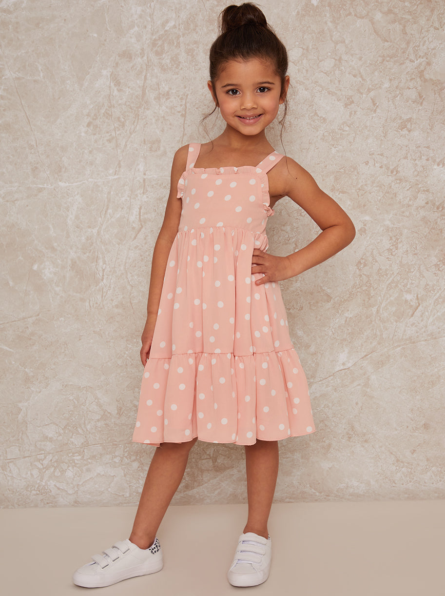 Chi Chi Sleeveless Polka Dot Midi Dress in Pink, Size 11 Years