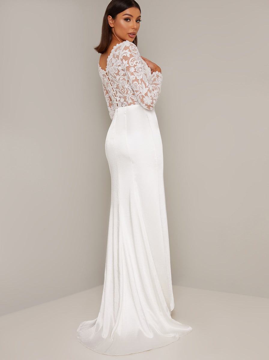 Bridal Long Sheer Lace Sleeved Wedding Dress in White – Chi Chi London