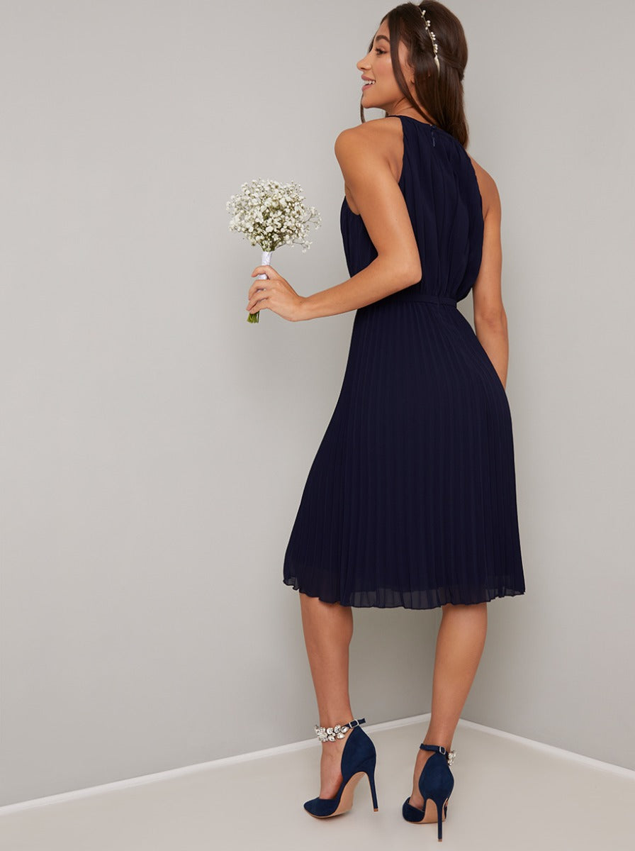 Halter Neck Pleat Detail Midi Dress In Blue Chichiclothing 4228