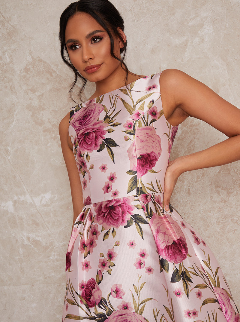 Sleeveless Floral Box Pleated Midi Dress In Pink Chi Chi London 