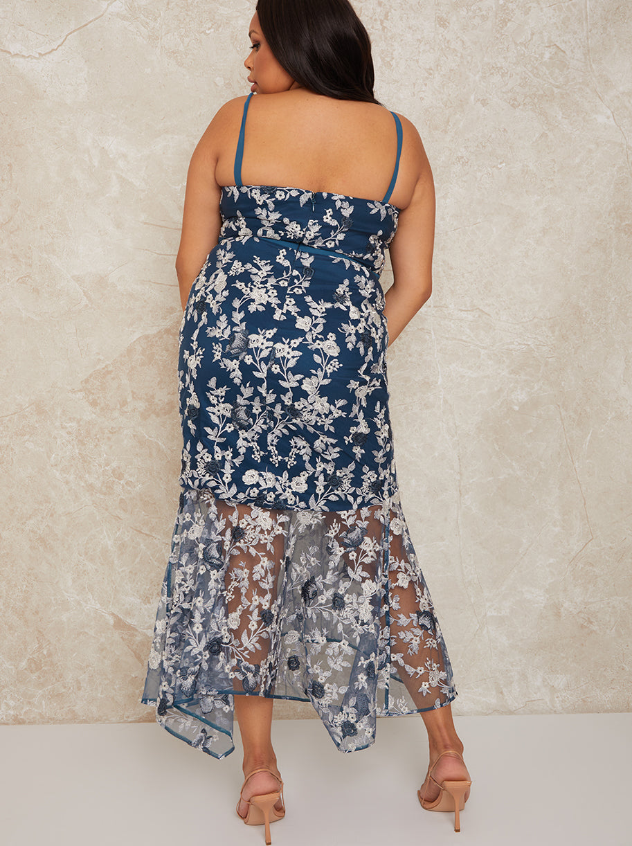 Plus Size Peplum Embroidered Lace Bodycon Dress In Blue Chi Chi London 