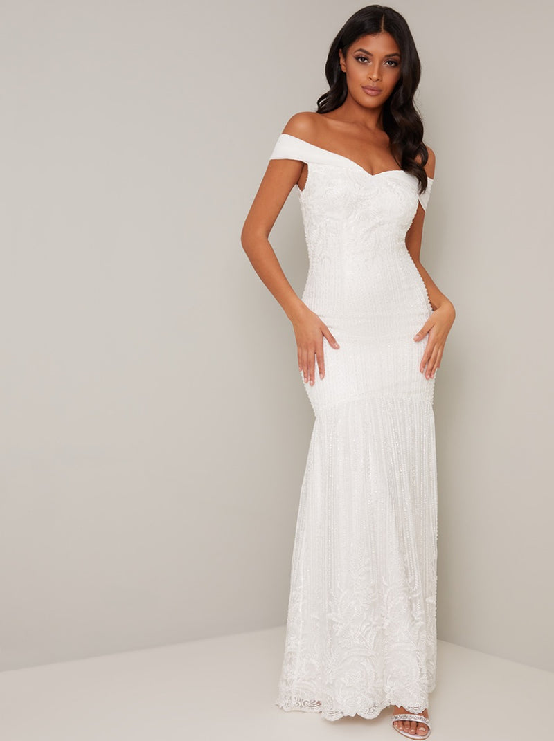 Bridal Beaded Embellished Lace Wedding Dress in White – Chi Chi London