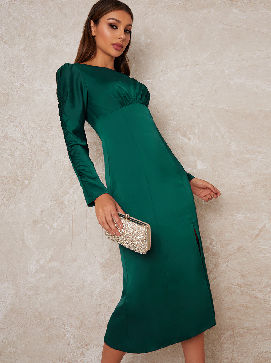Slip Style Long Puff Sleeve Midi Dress in Green – Chi Chi London