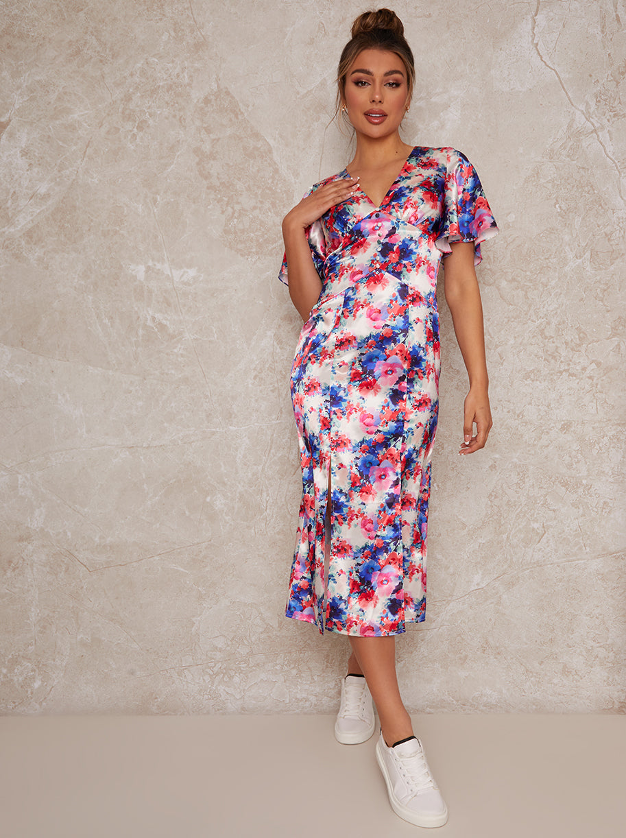 Flutter Sleeve Floral Print Midi Day Dress in Multi – Chi Chi London