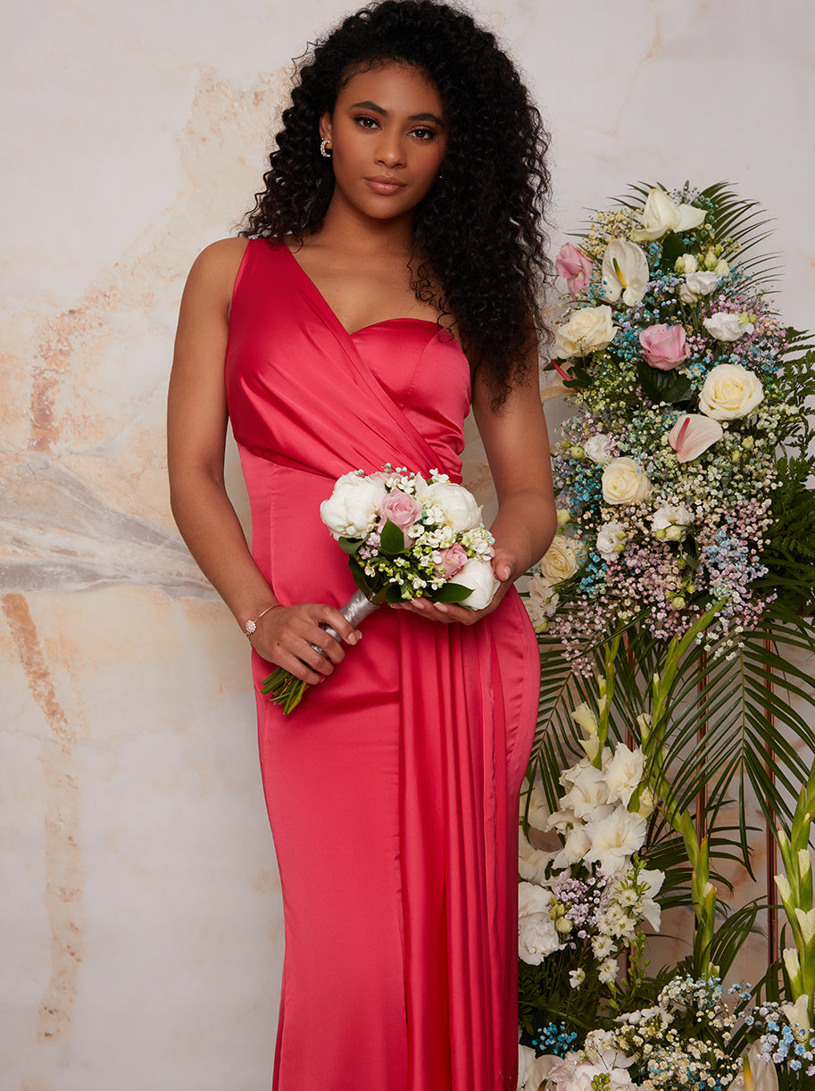 One Shoulder Fitted Satin Bridesmaid Maxi Dress in Fuschia – ChiChiClothing