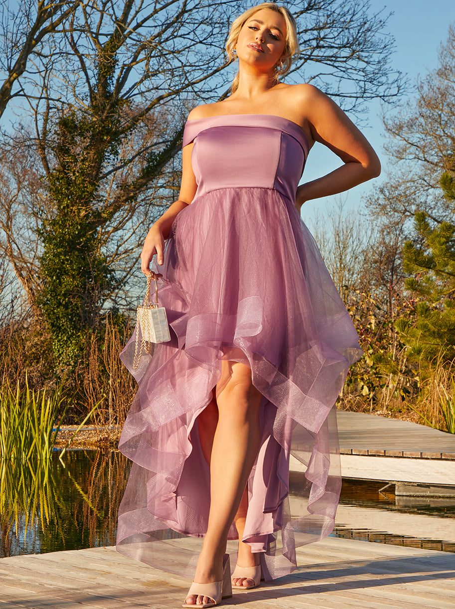 Chi Chi Plus Size One Shoulder Mesh Skirt Dip Hem Dress in Purple, Size 26
