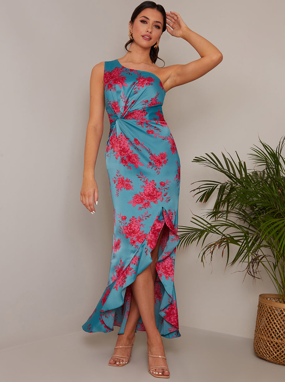 Chi Chi One Shoulder Floral Printed Midi Dress in Blue, Size 16