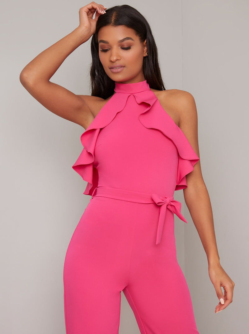 Halterneck Ruffle Detail Wide Leg Jumpsuit In Fuschia Chi Chi London 