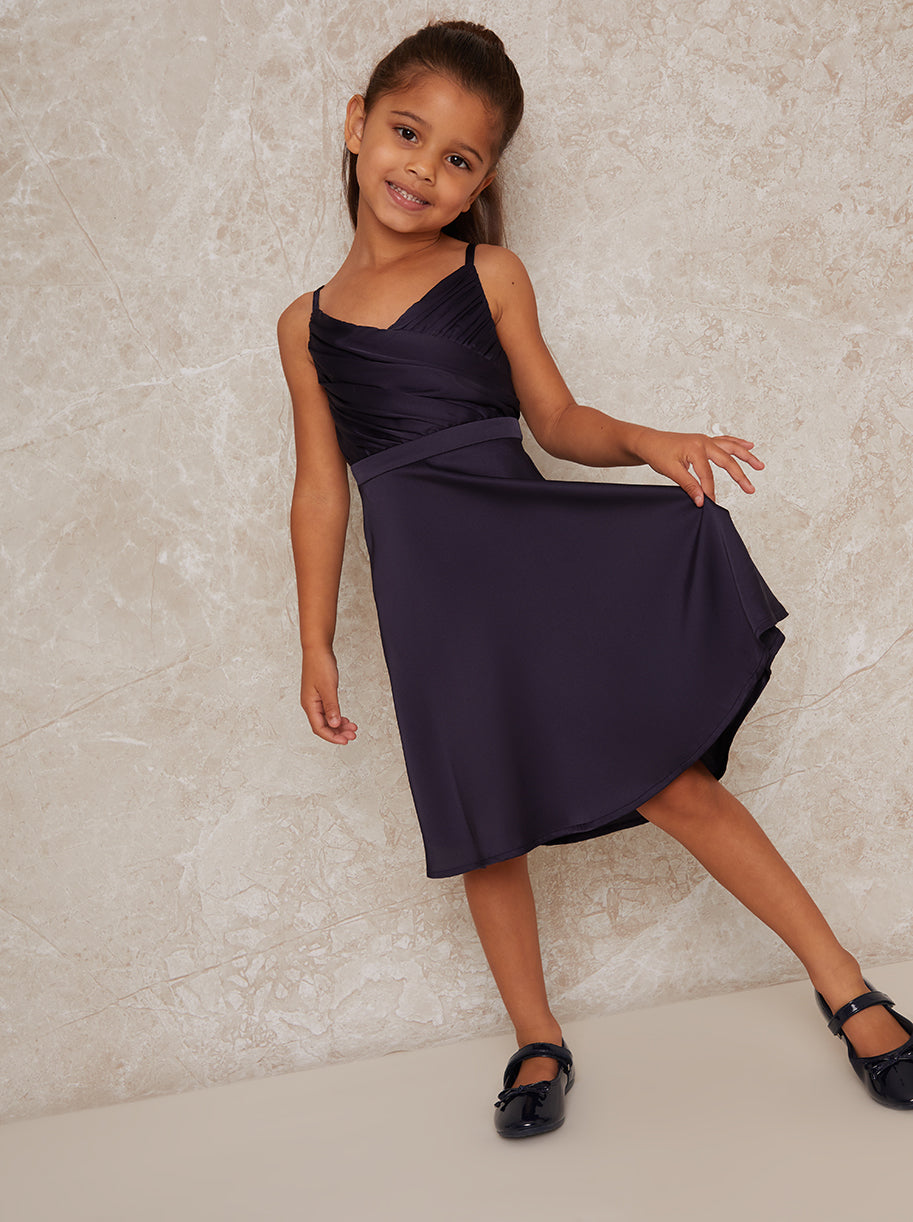 Chi Chi Pleat Bodice Satin Finish Dress in Navy Blue, Size 5 Years