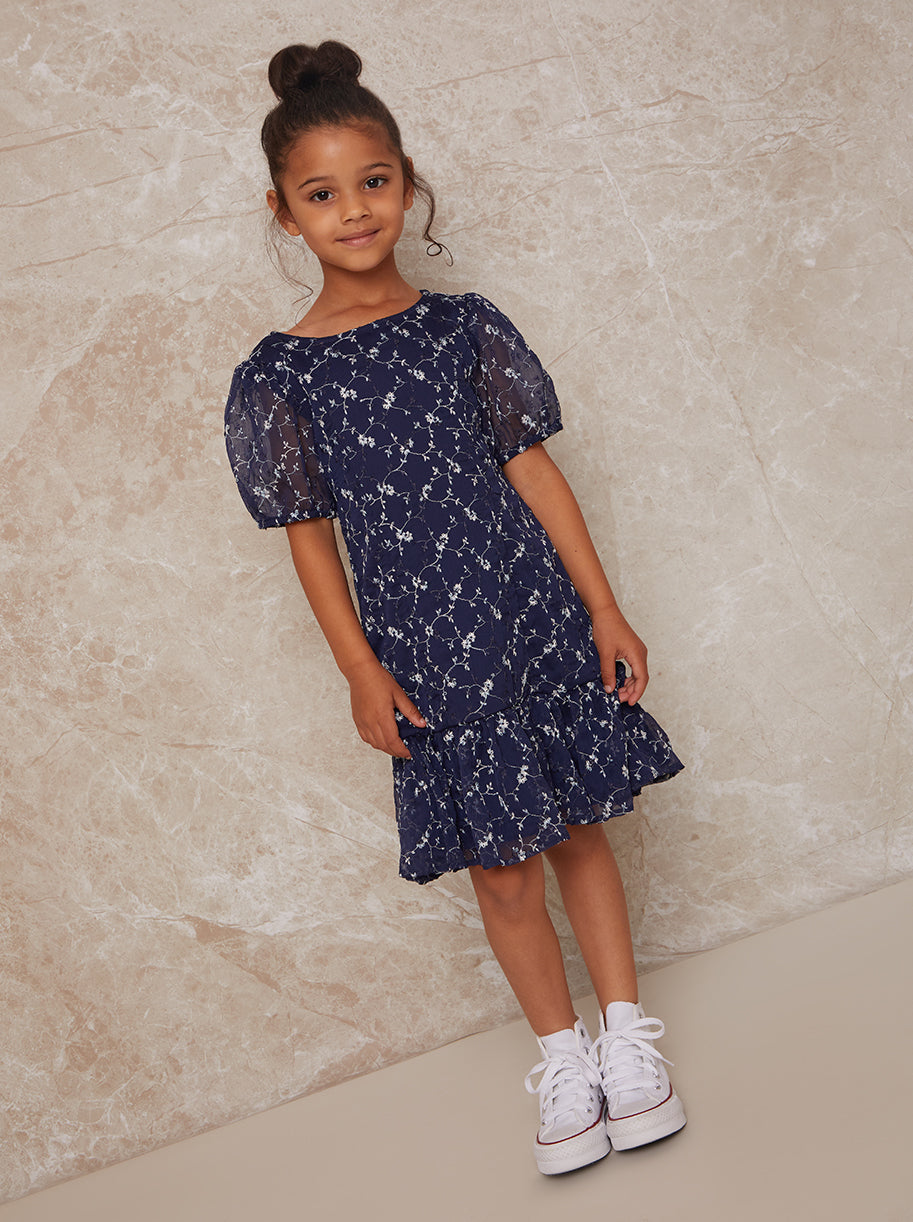 Chi Chi Puff Sleeve Floral Embroidered Midi Dress in Navy, Size 4 Years