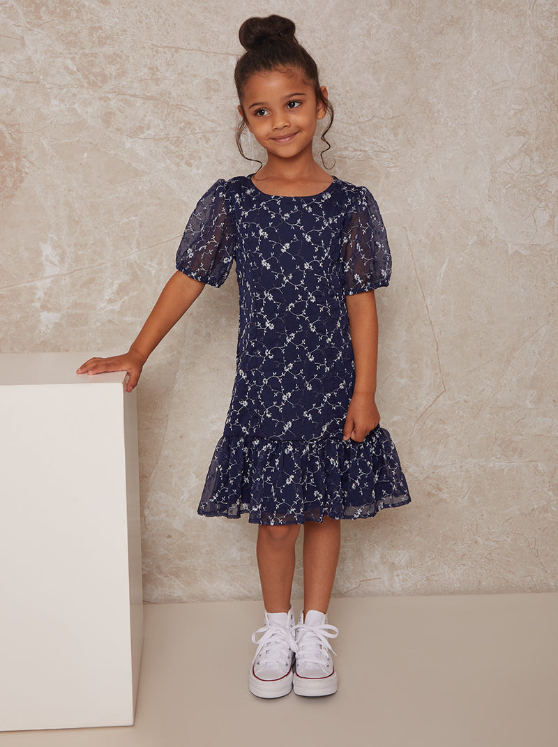 Girls Puff Sleeve Floral Embroidered Midi Dress in Navy – Chi Chi London