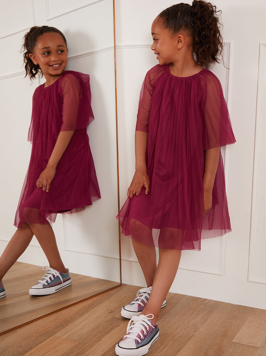Chi Chi Younger Pleated Bell Sleeve Midi Dress in Purple, Size 3 Years