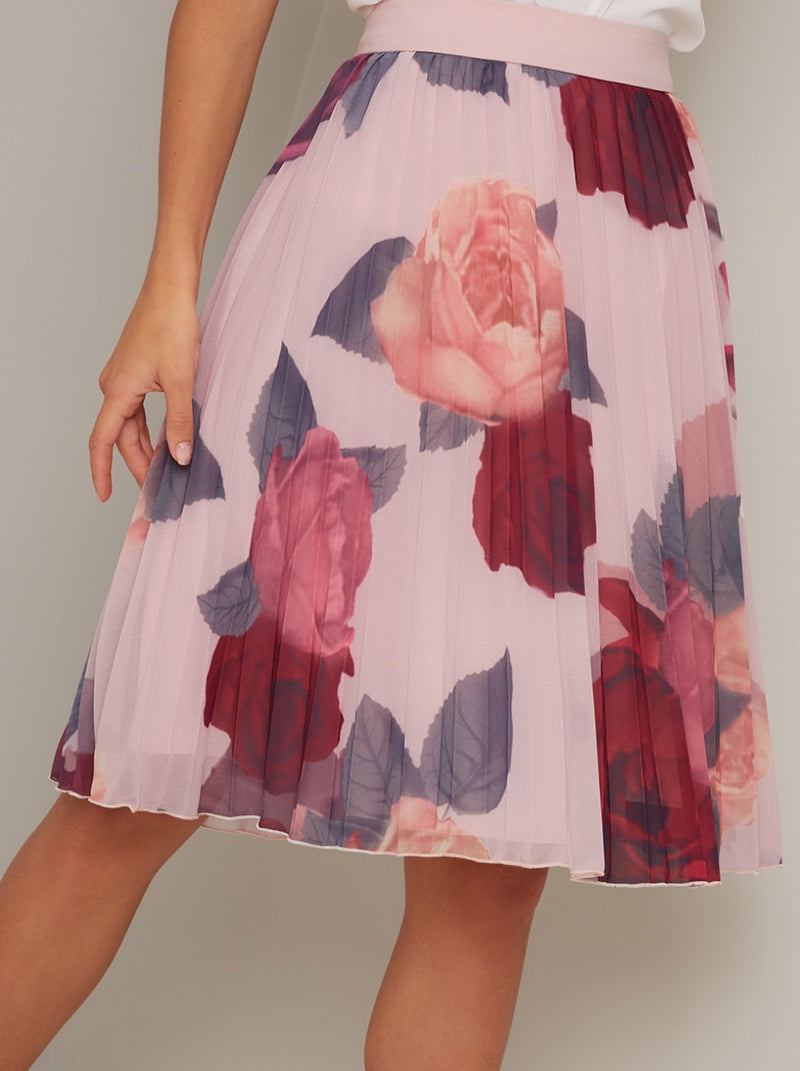 Printed Floral Print Pleat Knee Length Skirt In Pink Chi Chi London 