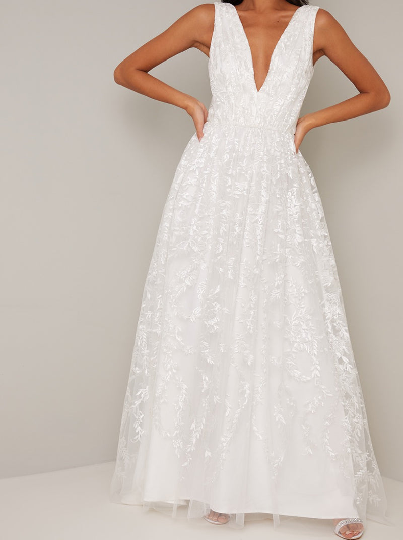 V Neck Embroidered Wedding Dress in White – Chi Chi London