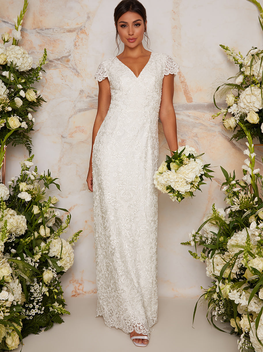 Chi Chi Lace Embellished Maxi Wedding Dress in White, Size 8