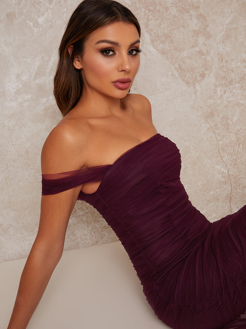 Maxi Party Dress With Bardot Neckline In Purple Chichiclothing