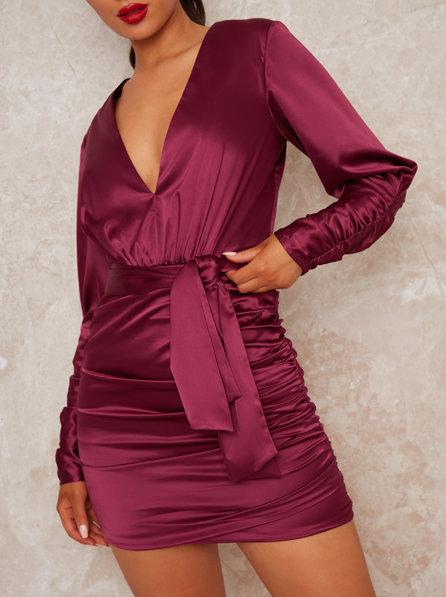 Mini Party Dress with Long Ruched Sleeves in Red – Chi Chi London