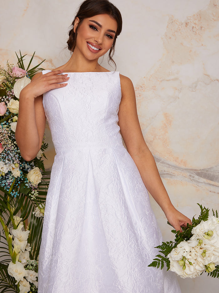 Sleeveless Jacquard Wedding Dress with Train in White