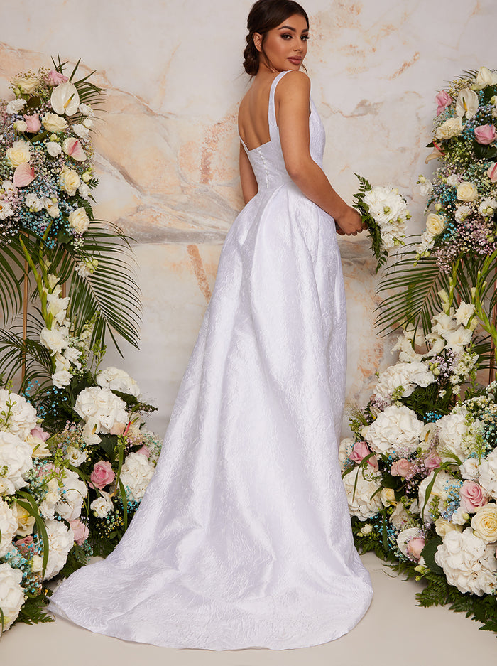 Sleeveless Jacquard Wedding Dress with Train in White