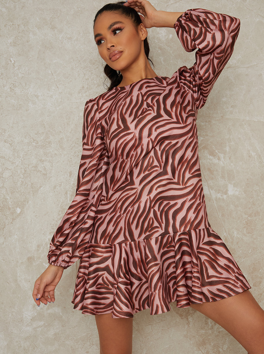 Chi Chi Animal Print Long Sleeve Mini Dress in Pink, Size 6