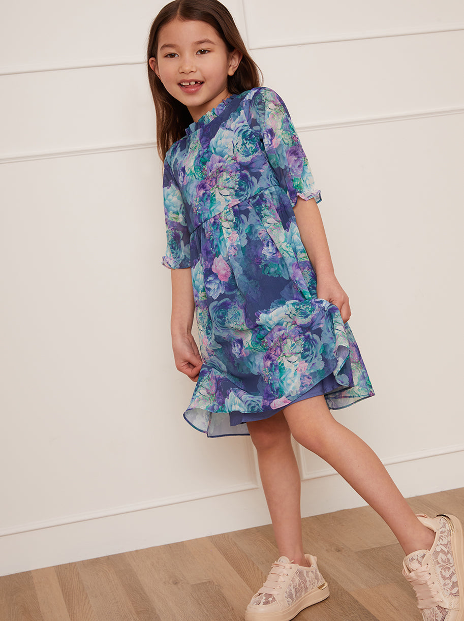 Chi Chi Watercolour Floral Printed Dress in Navy, Size 5 Years