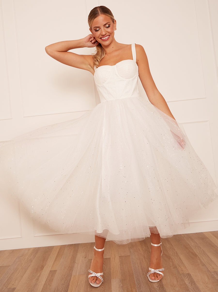 Bridal Corset Bodice Glitter Tulle Midi Dress in White