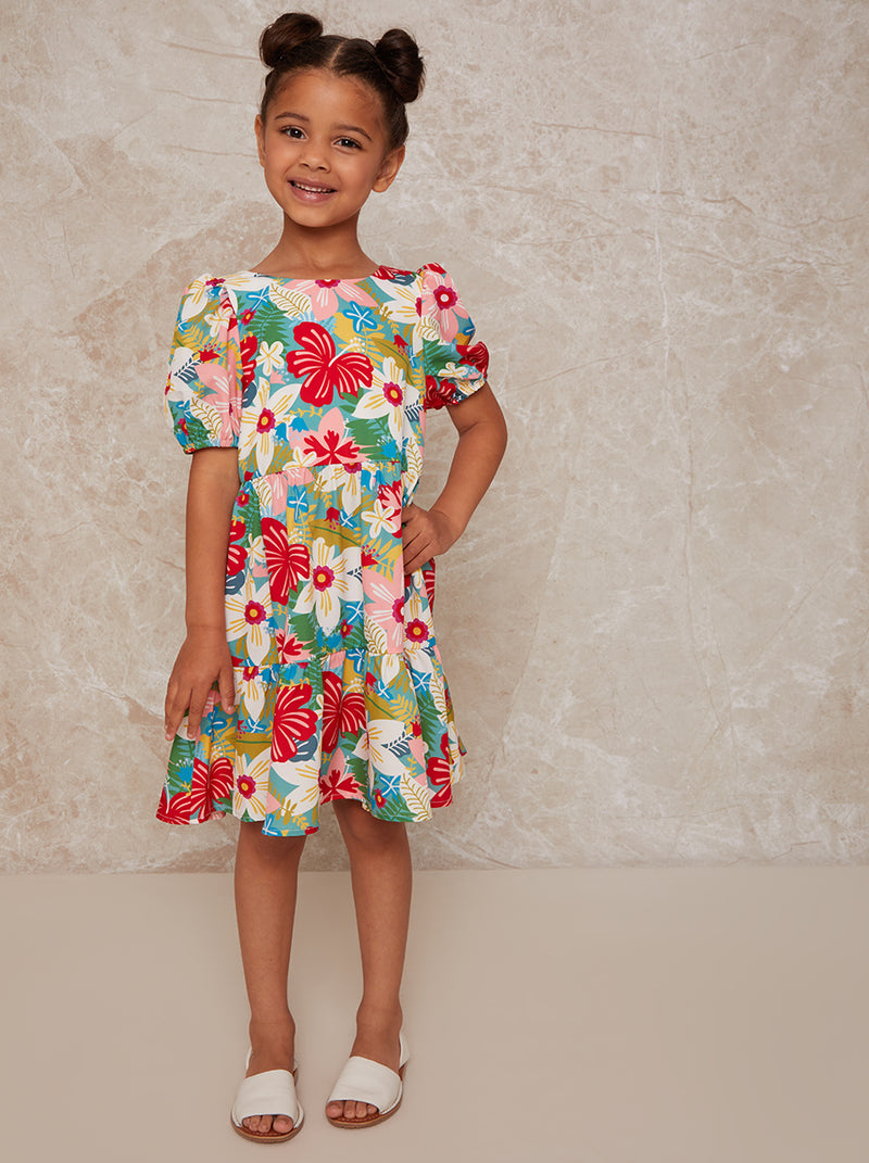 Girls Puff Sleeve Floral Print Tiered Day Dress in Multi – Chi Chi London