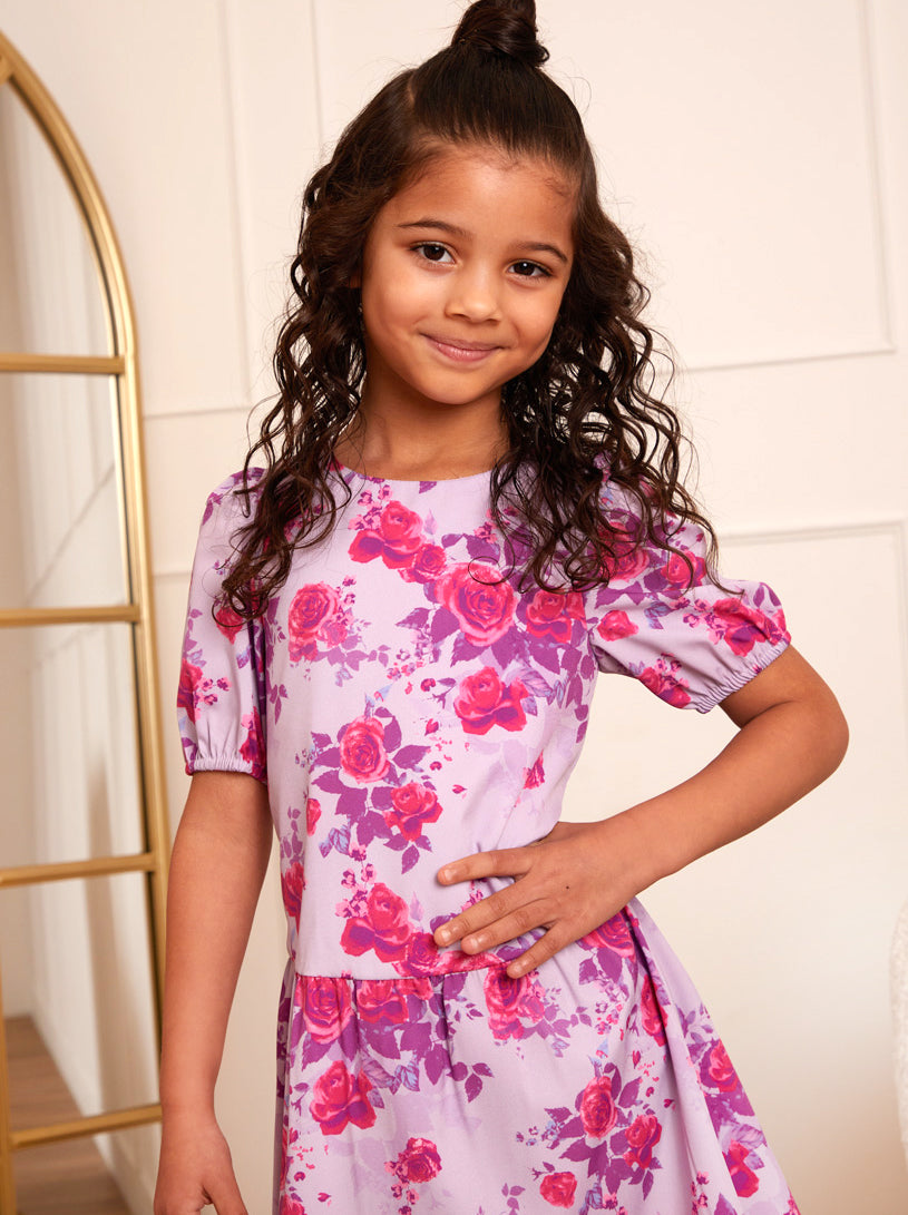 Chi Chi Younger Puff Sleeve Floral Midi Dress in Lilac in Purple, Size 7 Years