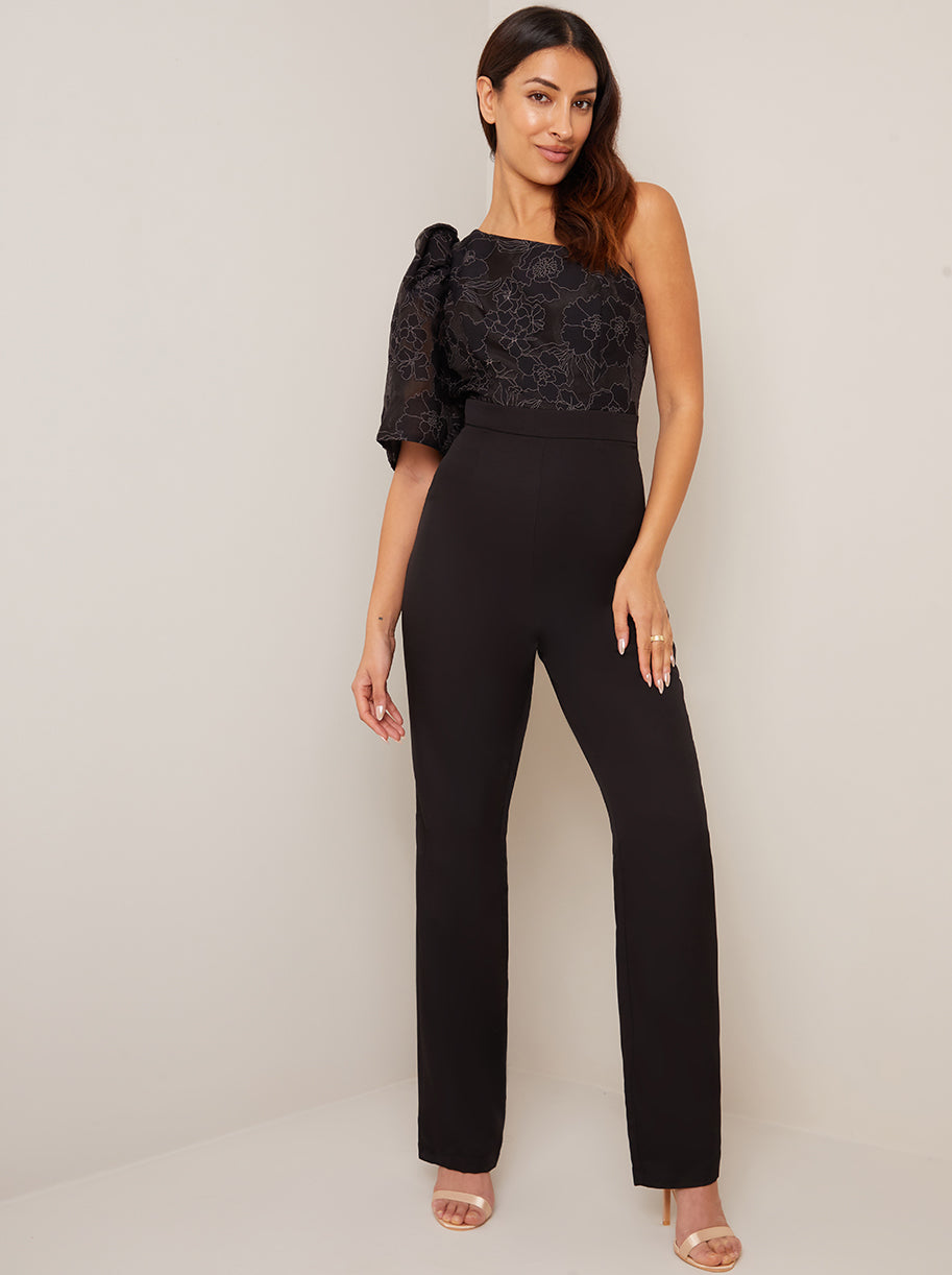 Chi Chi One Shoulder Balloon Sleeve Jumpsuit in Black, Size 10