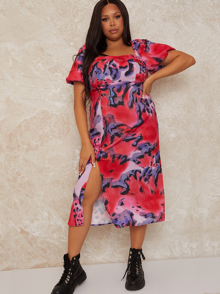 Chi Chi Plus Size Square Neck Abstract Print Midi Dress in Multi, Size 20