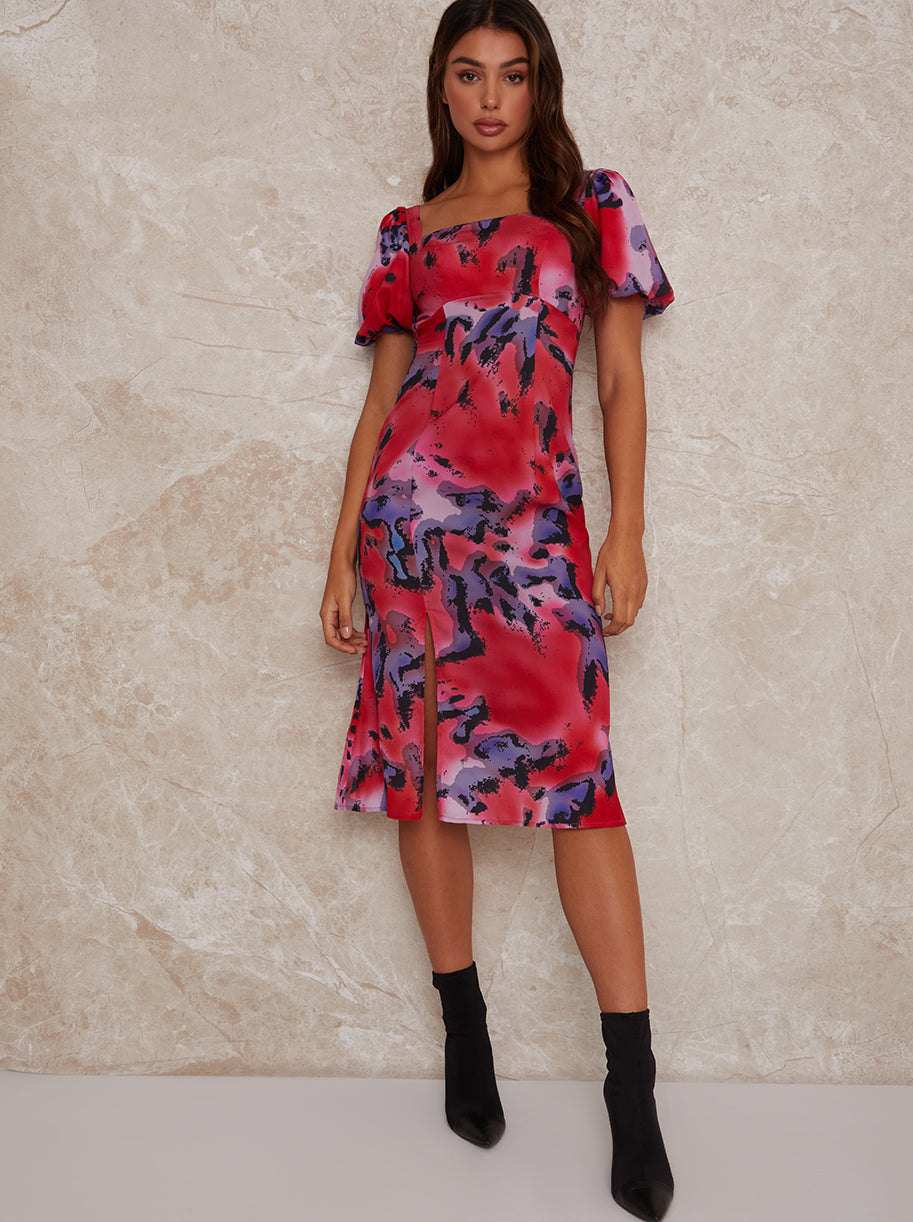 Chi Chi Square Neck Abstract Print Midi Dress in Multi, Size 12