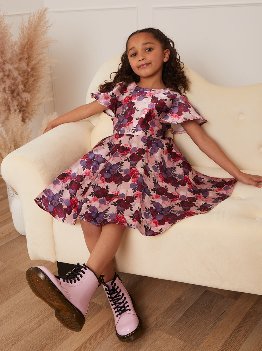 Chi Chi Younger Flutter Sleeve Floral Midi Dress in Pink, Size 4 Years