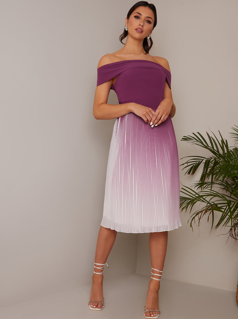 Chi Chi Bardot Ombre Pleated Midi Dress in Purple, Size 10