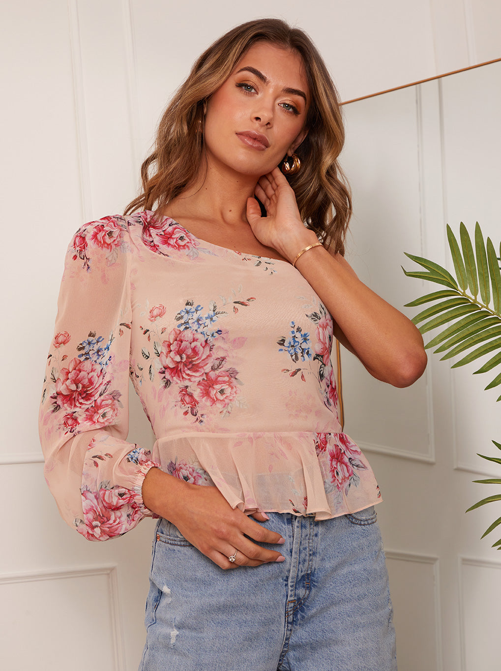 Chi Chi Long Sleeve One-Shoulder Floral Top in Pink, Size 12