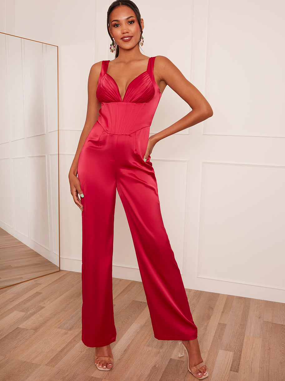 Chi Chi Corset Style Wide Leg Satin Jumpsuit in Pink, Size 6