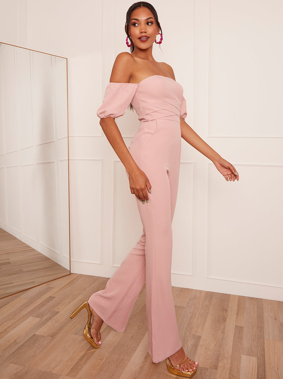 Chi Chi Bardot Flare Jumpsuit in Pink, Size 8