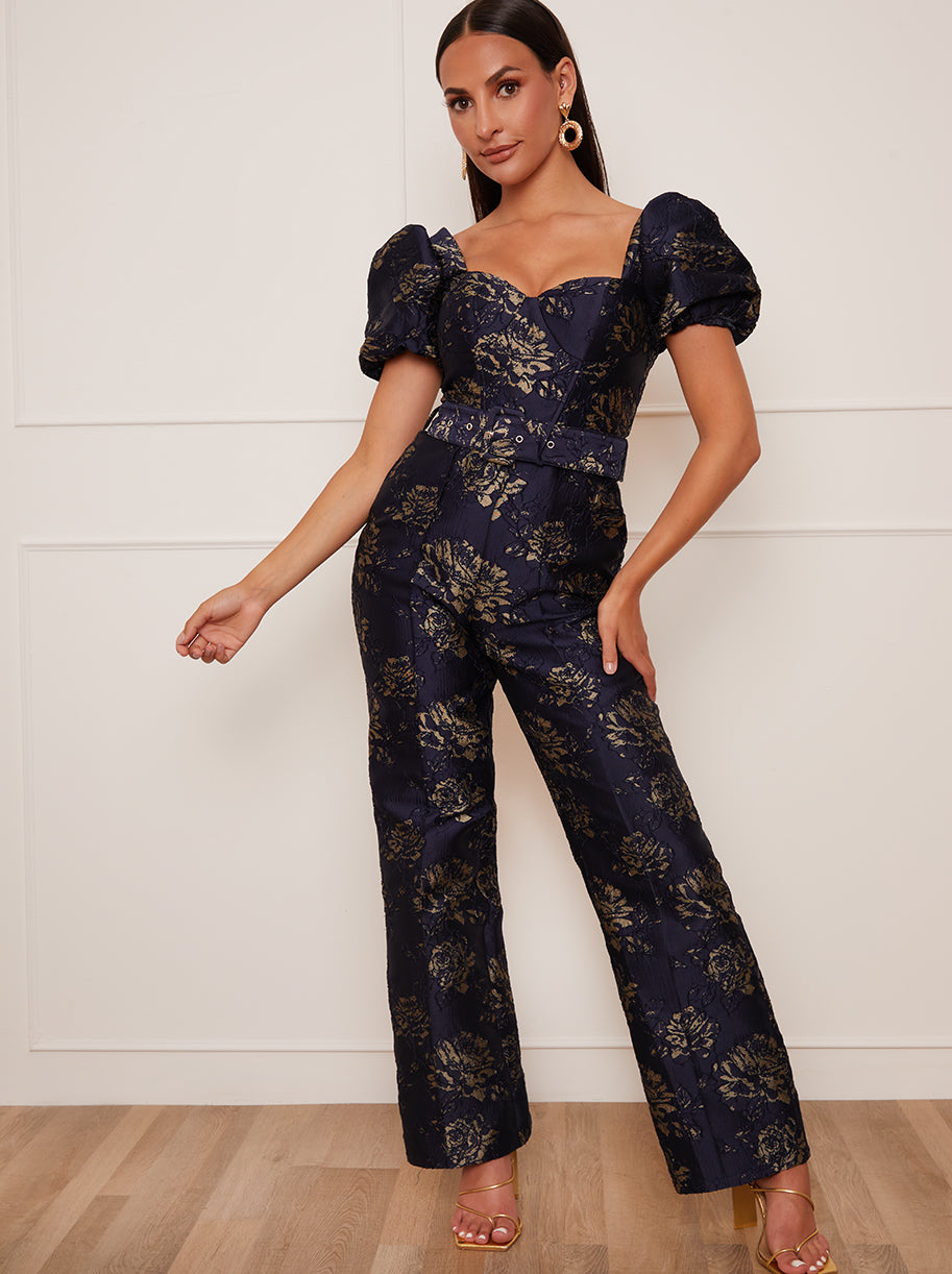 Chi Chi Petite Puff Sleeve Jacquard Jumpsuit in Navy in Blue, Size 6